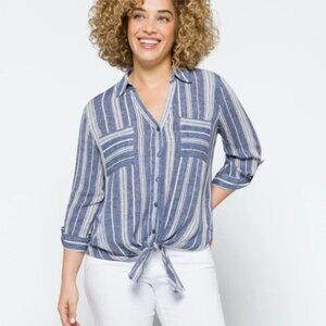 Fortune & Ivy Blake Tie Front Blue & White Striped Casual Long Sleeve Top